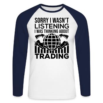 Trader désolé je pensais au trading - T-shirt baseball manches longues Homme - blanc/marine - Devant - Nik (191cm)