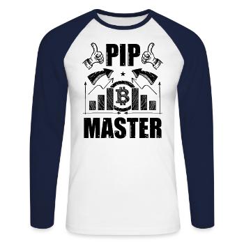 Pip Master Funny Forex Trading Crypto BTC Quote - Unisex Long Sleeve Baseball T-Shirt - white/navy - Front - Nik (191cm)