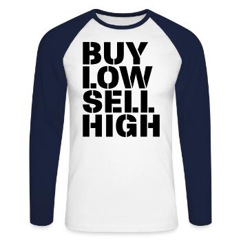 Acheter Low Sell High Funny Trading Investisseur Crypto - T-shirt baseball manches longues Homme - blanc/marine - Devant - Nik (191cm)