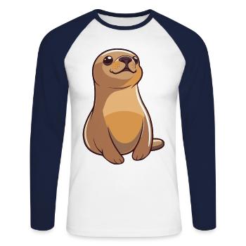 Lion de mer Cartoon Kawaii Aquarelle Illustration - T-shirt baseball manches longues Homme - blanc/marine - Devant - Nik (191cm)