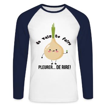 Je vais te faire pleurer... de rire! - T-shirt baseball manches longues Homme - blanc/marine - Devant - Nik (191cm)