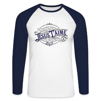 Jésus t'aime - T-shirt baseball manches longues Homme - blanc/marine - Devant - Nik (191cm)