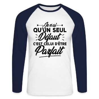 Seul défaut parfaite / Humour femme - T-shirt baseball manches longues Homme - blanc/marine - Devant - Nik (191cm)