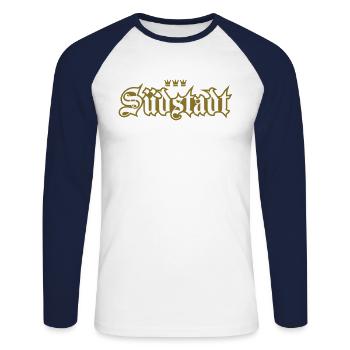 Südstadt (kölsches Veedel) - Unisex Baseballshirt langarm - Weiß/Navy - Vorne - Nik (191cm)
