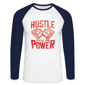 hustle with all your power - Unisex Baseballshirt langarm - Weiß/Navy - Vorne - Nik (191cm)