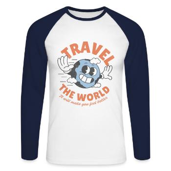 Voyagez dans le monde entier - T-shirt baseball manches longues Homme - blanc/marine - Devant - Nik (191cm)