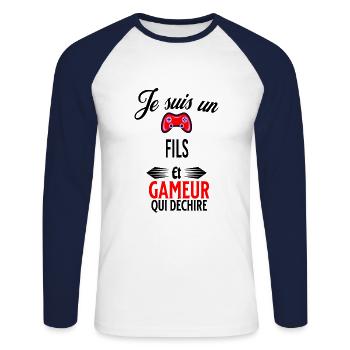 je suis gameur qui déchire et fils - T-shirt baseball manches longues Homme - blanc/marine - Devant - Nik (191cm)