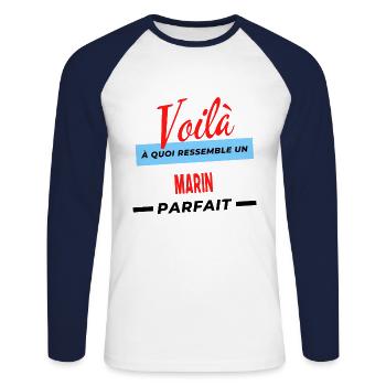 Voilà a quoi ressemble un MARIN Humour - T-shirt baseball manches longues Homme - blanc/marine - Devant - Nik (191cm)