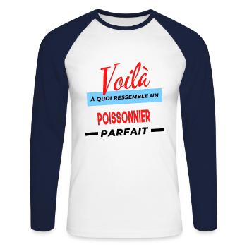 Voilà a quoi ressemble un POISSONNIER Humour - T-shirt baseball manches longues Homme - blanc/marine - Devant - Nik (191cm)