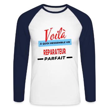 Voilà a quoi ressemble un REPARATEUR Humour - T-shirt baseball manches longues Homme - blanc/marine - Devant - Nik (191cm)
