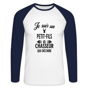 je suis chasseur qui déchire et petit-fils - T-shirt baseball manches longues Homme - blanc/marine - Devant - Nik (191cm)