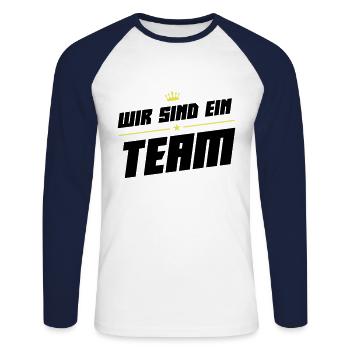 wir sind ein team krone - Unisex Baseballshirt langarm - Weiß/Navy - Vorne - Nik (191cm)