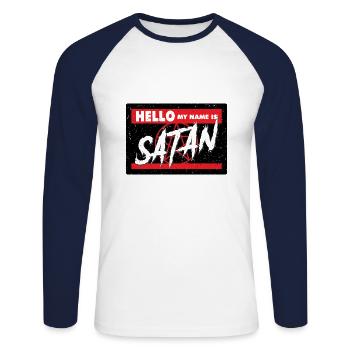 Hello my name is satan - Unisex Long Sleeve Baseball T-Shirt - white/navy - Front - Nik (191cm)
