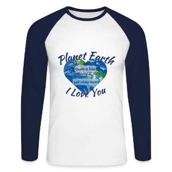 Planète Terre Je t’aime - T-shirt baseball manches longues Homme - blanc/marine - Devant - Nik (191cm)