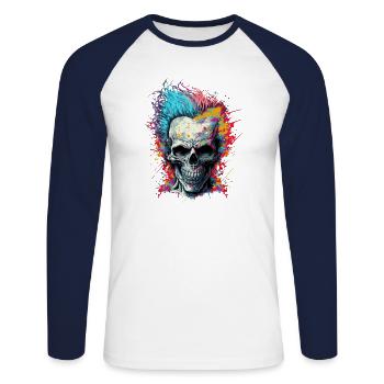 Colorful Horror Punk Zombie Skull - Unisex Long Sleeve Baseball T-Shirt - white/navy - Front - Nik (191cm)