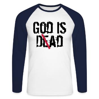 God is D(e)ad - God is Dead vs. God is Dad - Unisex Baseballshirt langarm - Weiß/Navy - Vorne - Nik (191cm)