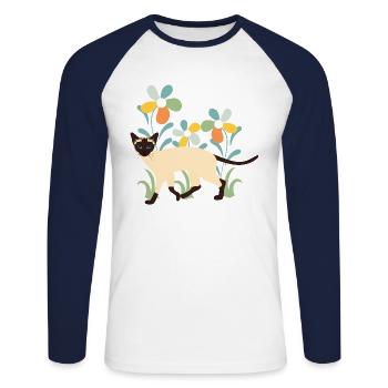 Chat siamois et fleurs - T-shirt baseball manches longues Homme - blanc/marine - Devant - Nik (191cm)