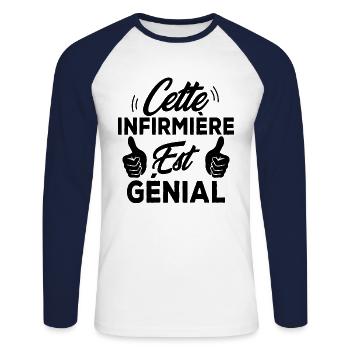 Cette infirmière est génial - T-shirt baseball manches longues Homme - blanc/marine - Devant - Nik (191cm)