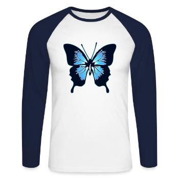 Blauer Schmetterling - Unisex Baseballshirt langarm - Weiß/Navy - Vorne - Nik (191cm)