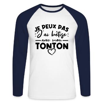 Je peux pas j ai bêtise avec tonton - T-shirt baseball manches longues Homme - blanc/marine - Devant - Nik (191cm)