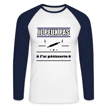 Je peux pas pâtisserie - T-shirt baseball manches longues Homme - blanc/marine - Devant - Nik (191cm)