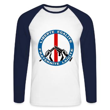 France Liberté Laïcité - T-shirt baseball manches longues Homme - blanc/marine - Devant - Nik (191cm)