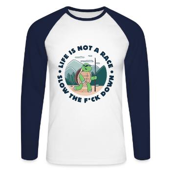 Das Leben ist kein Rennen - Unisex Baseballshirt langarm - Weiß/Navy - Vorne - Nik (191cm)