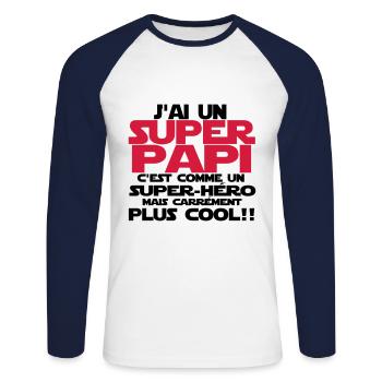 j'ai un super papi - T-shirt baseball manches longues Homme - blanc/marine - Devant - Nik (191cm)