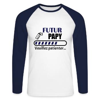 futur papy, bientot grand-père, annonce grossesse - T-shirt baseball manches longues Homme - blanc/marine - Devant - Nik (191cm)