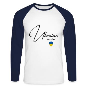 Ukrainische Flagge, Ukrainischer Stolz - Unisex Baseballshirt langarm - Weiß/Navy - Vorne - Nik (191cm)