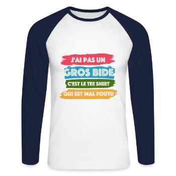 J ai Pas Un Gros Bide C est Le Qui Est Mal Foutu - T-shirt baseball manches longues Homme - blanc/marine - Devant - Nik (191cm)