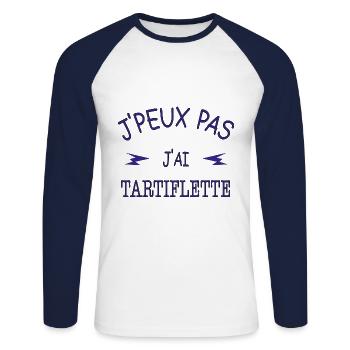 J'peux pas j'ai tartiflette - T-shirt baseball manches longues Homme - blanc/marine - Devant - Nik (191cm)