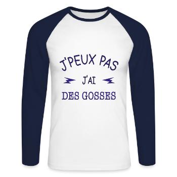 J'peux pas j'ai des gosses - T-shirt baseball manches longues Homme - blanc/marine - Devant - Nik (191cm)