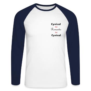 CYNICAL but ROMANTIC but CYNICAL - Unisex Long Sleeve Baseball T-Shirt - white/navy - Front - Nik (191cm)