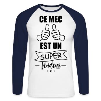 mec super vendeur,cadeau vendeurs,idée cadeau - T-shirt baseball manches longues Homme - blanc/marine - Devant - Nik (191cm)
