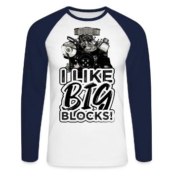 J'aime les gros blocs moteur V8 muscle car - T-shirt baseball manches longues Homme - blanc/marine - Devant - Nik (191cm)