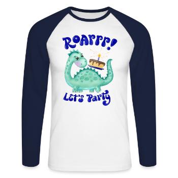 Dino. Happy Birthday - Unisex Baseballshirt langarm - Weiß/Navy - Vorne - Nik (191cm)