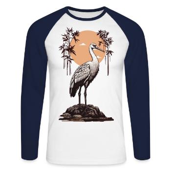 Ukiyo-e Crane Art Japonais Oiseau Amour Oiseau - T-shirt baseball manches longues Homme - blanc/marine - Devant - Nik (191cm)
