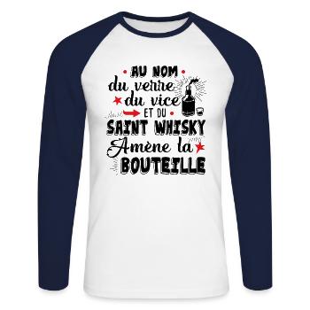 Whisky Alcool Apéro Cadeau Humour Apéritif Verre - T-shirt baseball manches longues Homme - blanc/marine - Devant - Nik (191cm)