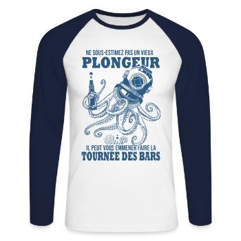 plongée humour vieux plongeur anniversire - T-shirt baseball manches longues Homme - blanc/marine - Devant - Nik (191cm)