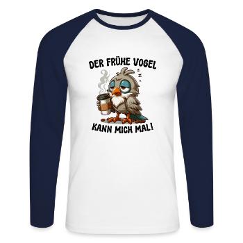 DER FRÜHE VOGEL KANN MICH MAL! KAFFEE TASSE SPRUCH - Unisex Baseballshirt langarm - Weiß/Navy - Vorne - Nik (191cm)