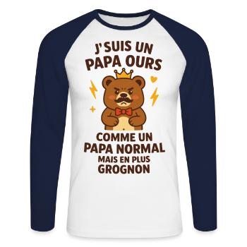 Papa ours humour idée cadeau fête des pères - T-shirt baseball manches longues Homme - blanc/marine - Devant - Nik (191cm)