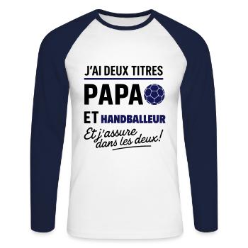 2 titres papa et handballeur Handball - T-shirt baseball manches longues Homme - blanc/marine - Devant - Nik (191cm)