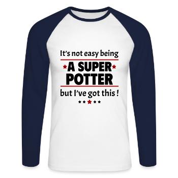 Pas facile d’être un super potier - T-shirt baseball manches longues Homme - blanc/marine - Devant - Nik (191cm)