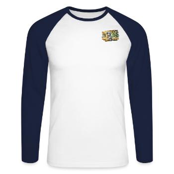 Playful Australian Shephe puppy on a dandelion meadow - Unisex Long Sleeve Baseball T-Shirt - white/navy - Front - Nik (191cm)