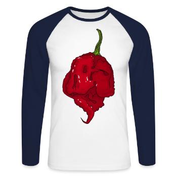 Chili Piment Sauce piquante Carolina Reaper Nourriture épicée - T-shirt baseball manches longues Homme - blanc/marine - Devant - Nik (191cm)