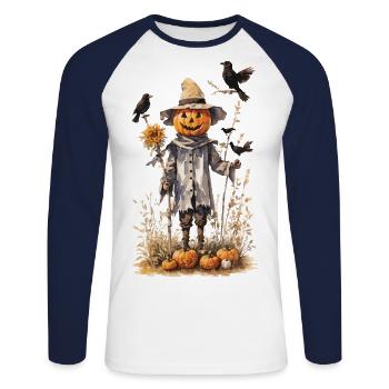 Goblincore Scarecrow Halloween Pumpkin Design - Unisex Long Sleeve Baseball T-Shirt - white/navy - Front - Nik (191cm)