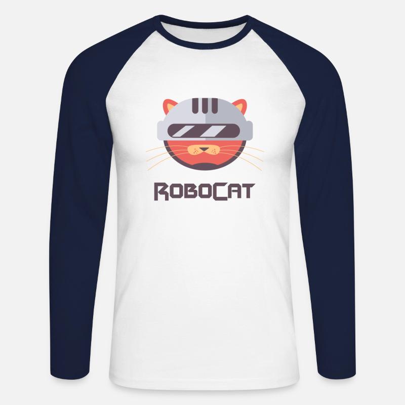 ROBOCAT - Katzen Roboter Comic - Unisex Baseballshirt langarm - Weiß/Navy
