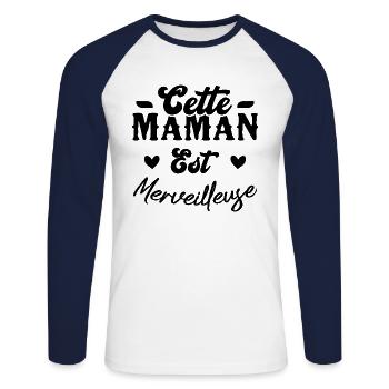Cette maman est merveilleuse - T-shirt baseball manches longues Homme - blanc/marine - Devant - Nik (191cm)