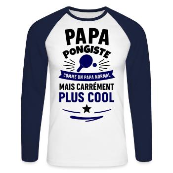 Papa pongiste – Cadeau fête des pères - T-shirt baseball manches longues Homme - blanc/marine - Devant - Nik (191cm)